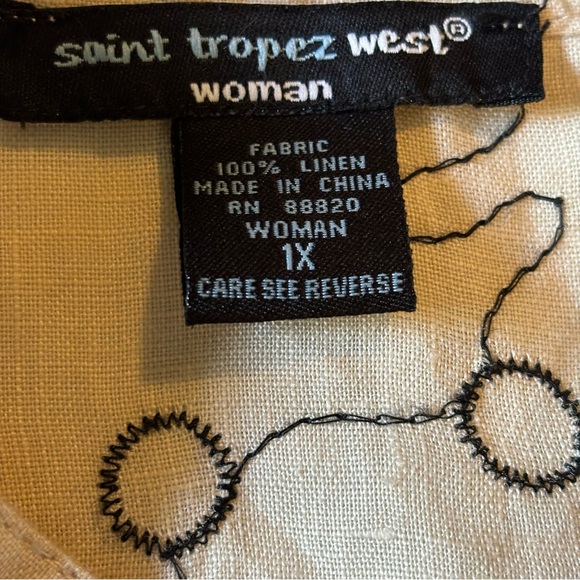 Saint Tropez West Linen Cream color black swirls 3/4 sleeve Blouse Shirt Sz 1X - Picture 7 of 10